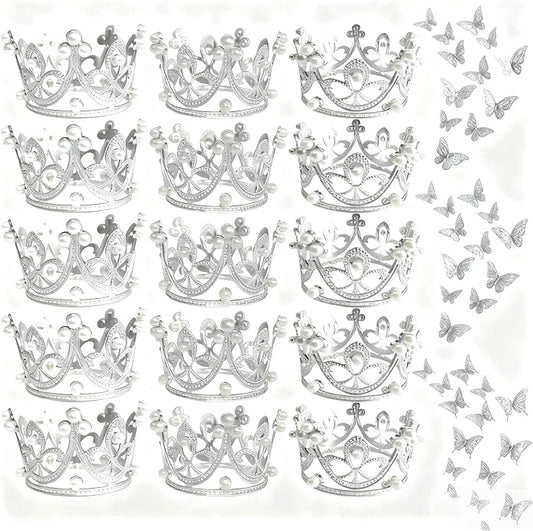 Mini Crown Cupcake Topper 51Pcs Mini Baby Gem Pearl Crown Cake Topper for Women Lady Girl Birthday Bridal Wedding Royal Themed Party Decorations,Flower Bouquet Accessories(Silvery)