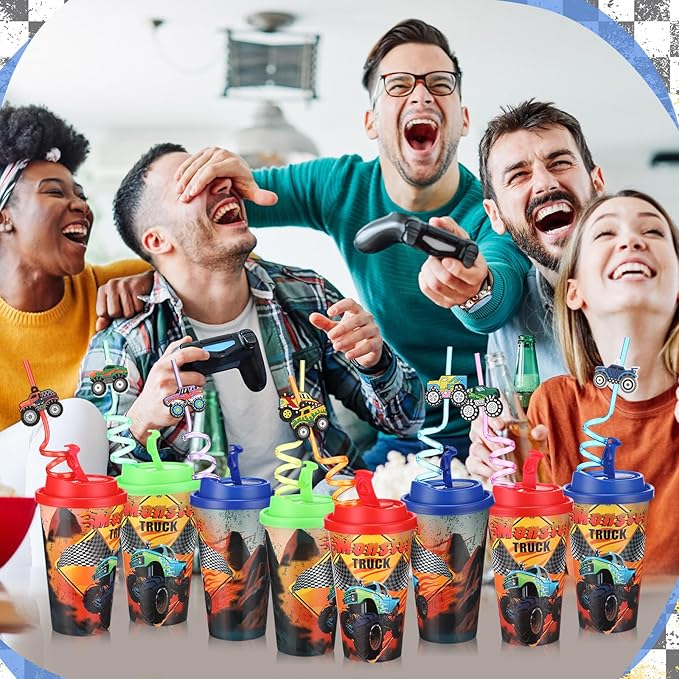 Yungyan 16 Sets Monster Truck Party Favors Goodie Cups with Lids and Straws for Birthday Decorations Reusable 16oz Plastic Candy Cups Plastic Straws for Birthday Party