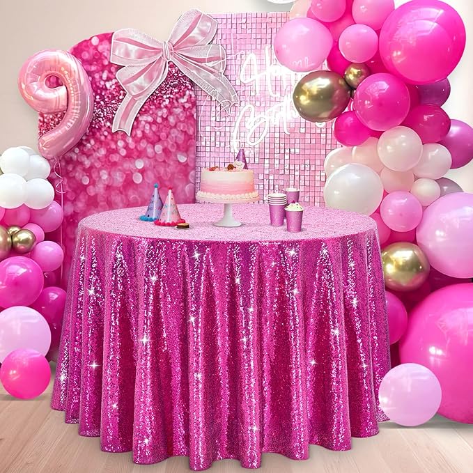 B-COOL Round Sequin Tablecloth Party Decorations: 120 Inch Fuchsia Table Cloth Glitter Fabric Overlay for Indoor Outdoor Dining Parties Home
