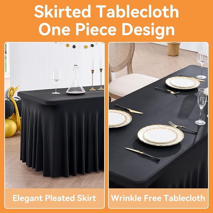 6 Pack Black Fitted Spandex Table Cloth Rectangle 8ft, Wrinkle Free High-Stretch Skirted Tablecloths for 8 Foot Rectangle Tables, Decor Parties Weddings Birthday Banquet Spandex Table Cloths Cover