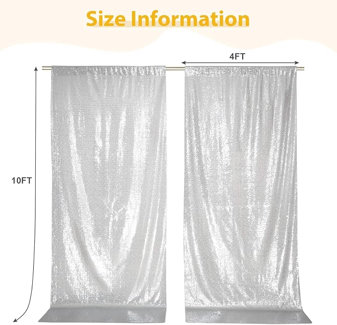 SquarePie 2 PCS 4x10ft Silver Sequin Backdrop for Photography, Extra Long Satin-Backed Real Sequin Curtain, High-Density Shimmering Background with 4" Rod Pocket for Wedding Ceremony, 2 Panels