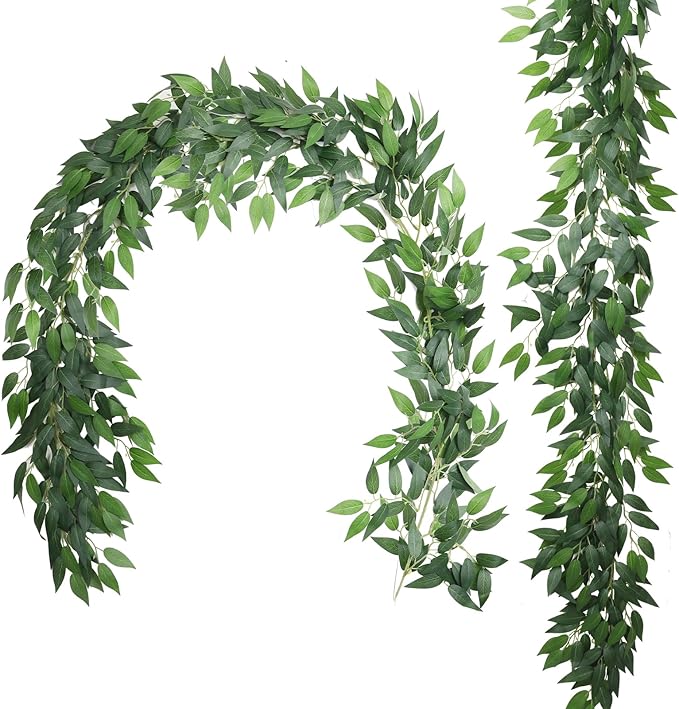 RECUTMS Fake Willow Leaves Vine Artificial Italian Ruscus Greenery Garland 2Pack 6.5FT Faux Hanging Silk Leaf Ivy Rattan for Home Office Wedding Garden Balcony Wall Window Indoor Outdoor Decor