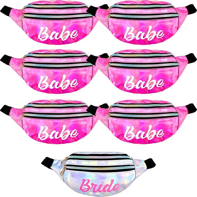 7 Pcs Bachelorette Party Fanny Pack Set Bride and Babe Pack Holographic Belt Laser Waist Bag with Adjustable Belt for Women Wedding Bridal Shower Party Favors