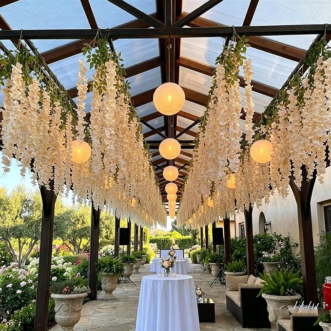 Artificial Wisteria Hanging Flowers Fake Wisteria Flower Garland Silk Vines Rattan Decor for Home Wedding Arch Wall Garden Greenery Bedroom Outdoor Office Party Decoration (12, Champagne)