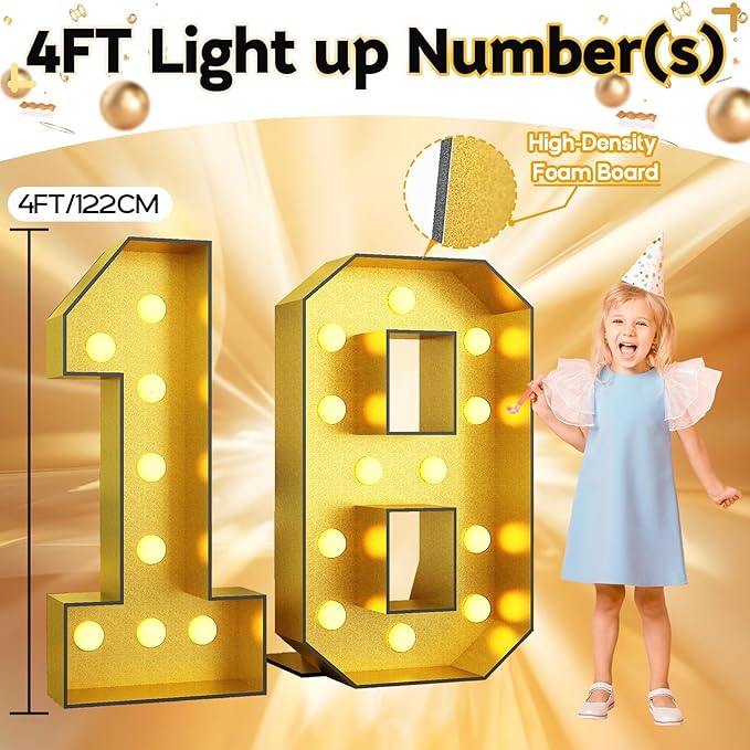 Light Up Numbers 18, 4FT Light Up Numbers 18 Marquee Gold Large Light Up Numbers Mosaic Numbers for 18th 81st Birthday, Giant Light Up Number 4 Feet DIY Frame Pre-Cut Foam Board Kit for Anniversary