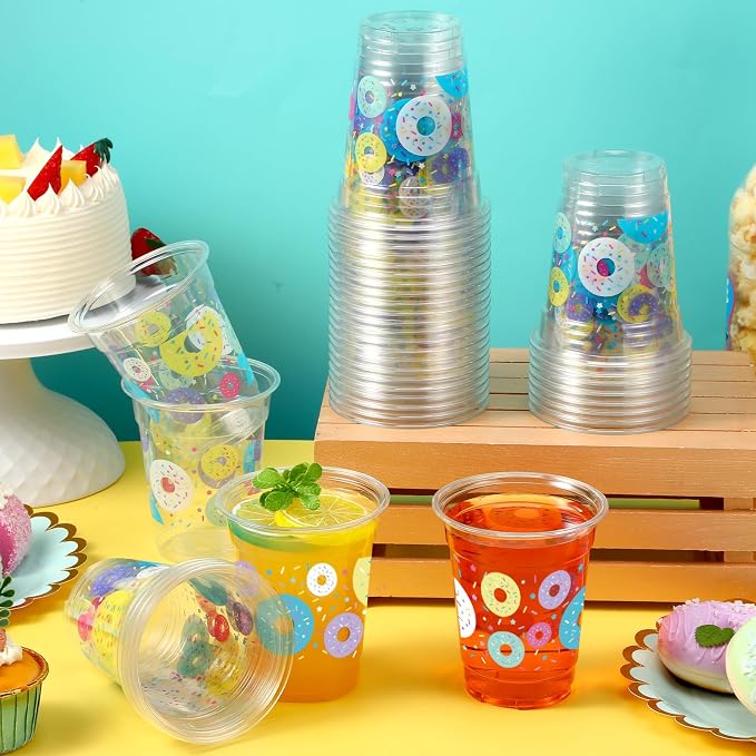 FoldTier 50 Pcs Donut Cups 12 oz Sprinkle Plastic Cups Clear Disposable Sweet One Glasses Doughnut Theme Glasses for Home Sprinkle Grow up Birthday Theme Party Favors Supplies Decoration (Donut)