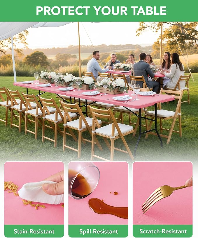 KeyWave Fitted Tablecloth Rectangle Table Cloths - 6 Pack 8 Foot Elastic Stretch Folding Table Top Cover Water-Resistant Reusable for Outdoor Picnic Camping Party Event, Dark Pink, 96" L x 30" W