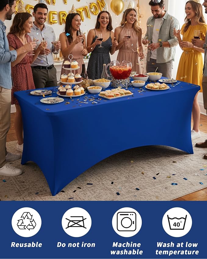 Fixwal Royal Blue Tablecloths for 8 Foot Rectangle Tables, 2 Pack Spandex Stretch Fitted Table Covers for Party, Trade Show, Banquet, Wedding, Buffet