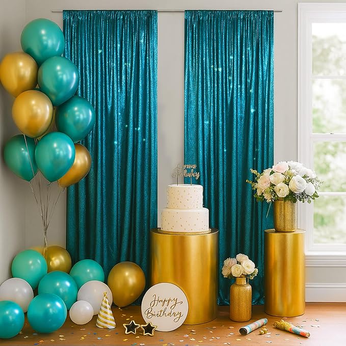 PartyDelight Teal Sequin Backdrop Curtains 2x8ft 2 Panels | 3mm stitched sequin curtain with 4 inch rod pocket for 2x8ft 2 panel doorway window side drape narrow photo booth strip