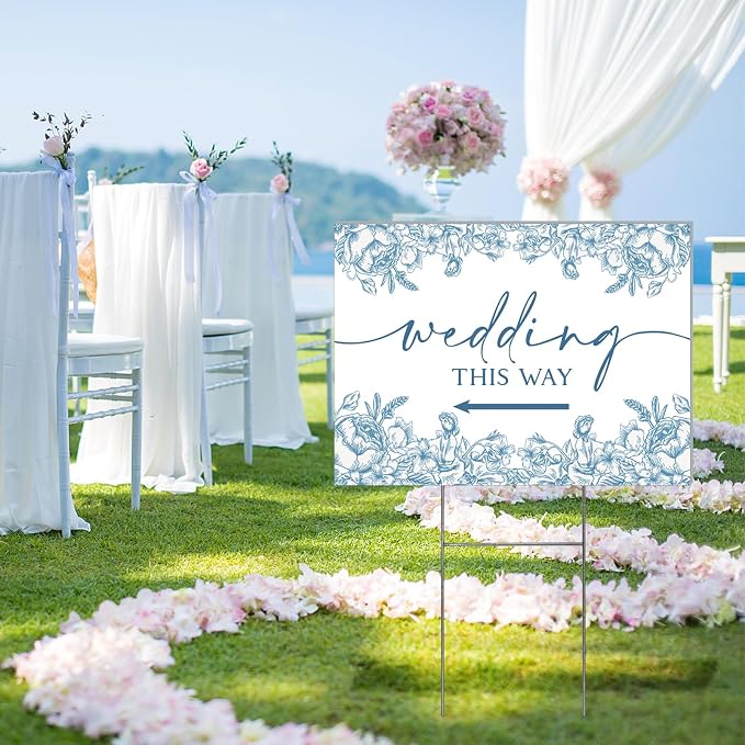 3 Pack 17''×12.5'' Wedding This Way Signs Double Sided Printed Wedding Directional Parking Sign with Stakes for Ceremony Reception Lawn Yard Arrow Signs Plastic Rainproof Party Supplies,Blue Floral