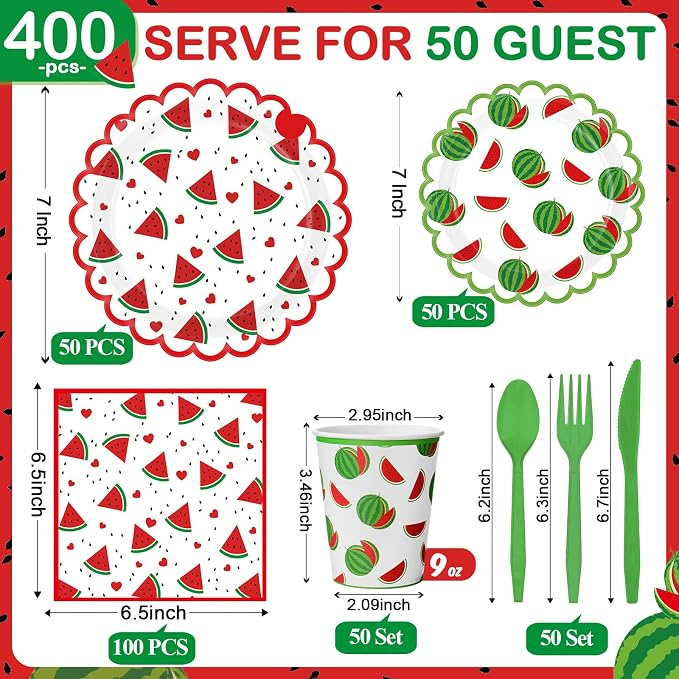 Funnymoom 400 Pcs Watermelon Birthday Party Supplies for 50 Guest Cute Summer Fruit Disposable Plates Napkin Cup Spoon Fork Knives for Outdoor Picnic Birthday Baby Bridal Shower Party Supplies