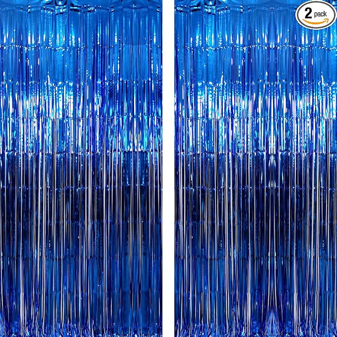 GOER 3.2 ft x 9.8 ft Metallic Tinsel Foil Fringe Curtains Party Photo Backdrop Party Streamers for Birthday,Graduation,New Year Eve Decorations Wedding Decor (Navy Blue,2 pcs)