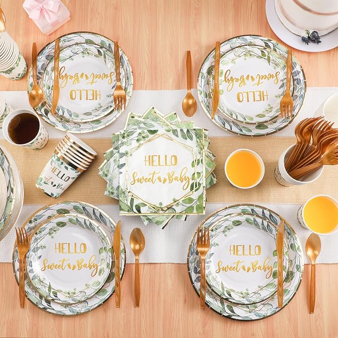 400 Pcs Baby Gender Reveal Plates and Cups and Napkins Sets with Forks Spoon Party Supplies Baby Shower Paper Tableware Gender Reveal Decorations Disposable Cutlery, Serves 50(Green White,Hello Sweet)