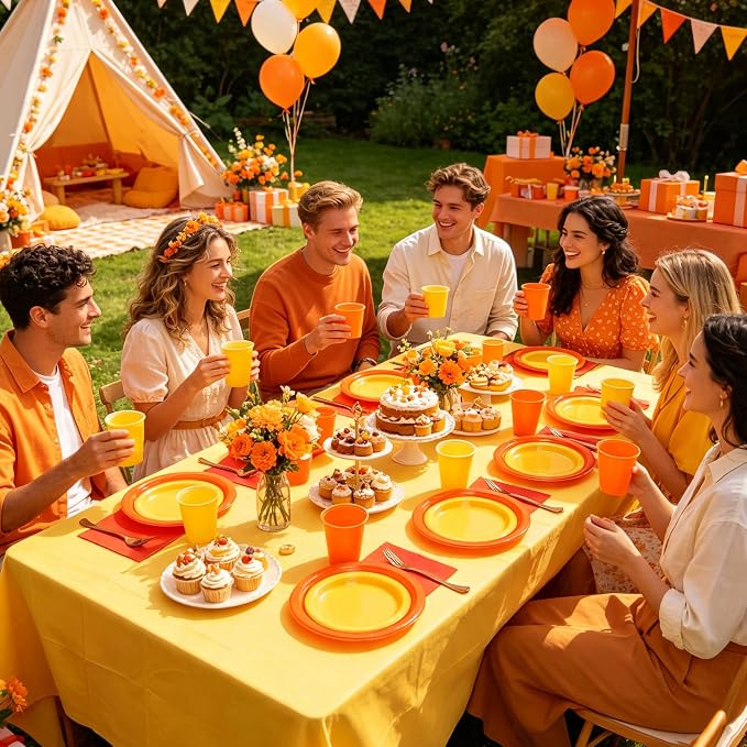 Fall Plastic Plates for Party,Disposable Orange and Yellow Party Supplies,50 of Each 9" Dinner,7" Dessert Plate,Napkins,Cups,Forks and 2 Tablecloth Dinnerware for Birthday & Fall Thanksgiving