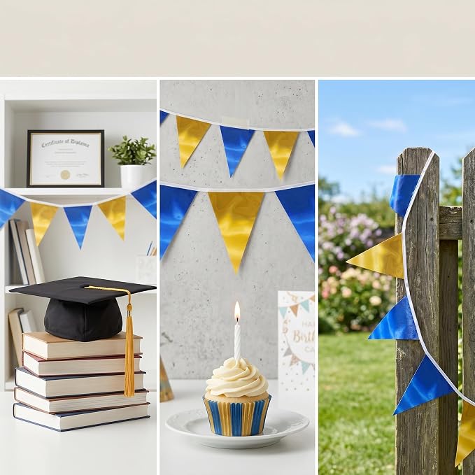 130FT Navy-Blue Gold Triangle Pennant Banner Flag Metallic Fabric Bunting Garland for Christmas Graduation Retirement Birthday Wedding Bridal Shower Nautical Ahoy Achor Party Decorations Supply