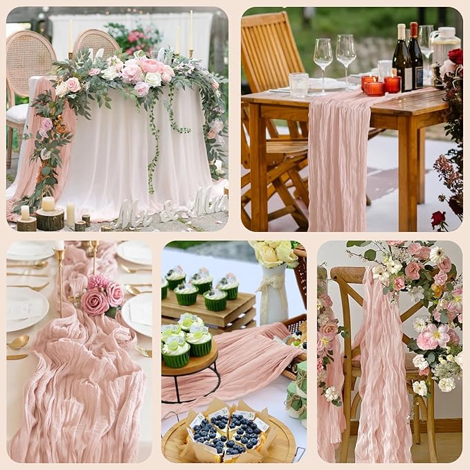 12PCS Table Runner Cheesecloth 10FT Dusty Pink Boho Gauze Cheese Cloth Rustic Sheer Table Runners for SpringWedding Bridal Baby Shower Party Decoration