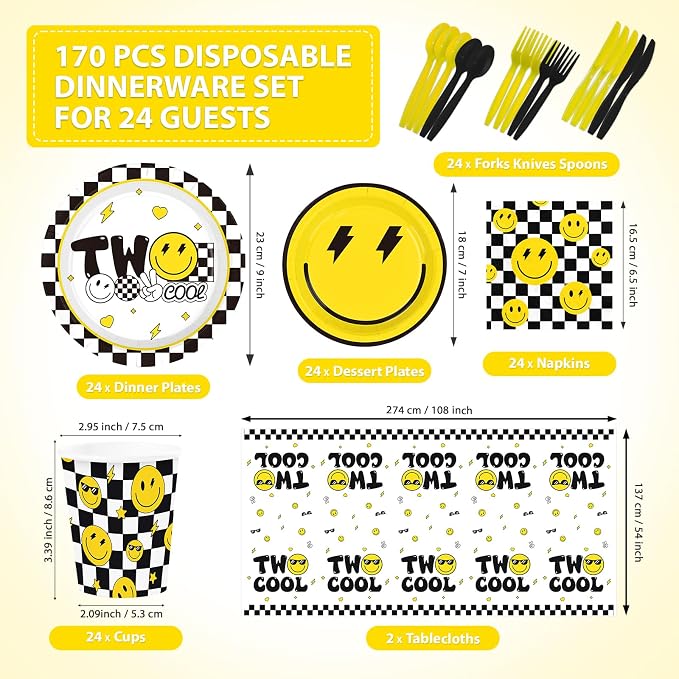 170Pcs Two Cool Birthday Party Supplies Yellow Smile Face Party Plates Napkins Cups Forks Knives Tablecloths Checkered Smile Face 2nd Tableware Set for 2nd Birthday Baby Shower Decorations Serves 24