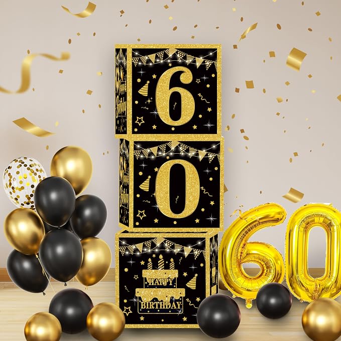 Gold 60th birthday decorations for men,3pcs birthday Decorations for Men boys black and gold Balloon Boxes Birthday Party Favors