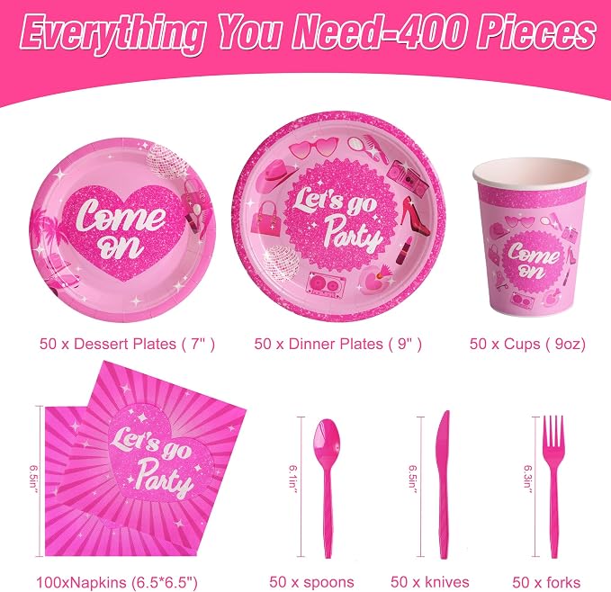 400 Pcs Disposable Let's Go Party Tableware Set for 50 Guests | Heavy-Duty 7" & 9" Paper Plates, Cups, 13" Napkins & Plastic Cutleryfor Wedding Bridal Shower Party Supplies