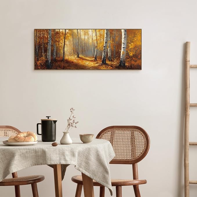 TLESKE Vintage Orange Fall Birch Tree Forest Large Wall Art Decor Framed 15x40, Rustic Farmhouse Autumn Canvas Wall Art Print for Bedroom Living Room, Fall Nature Wall Artwork Picture