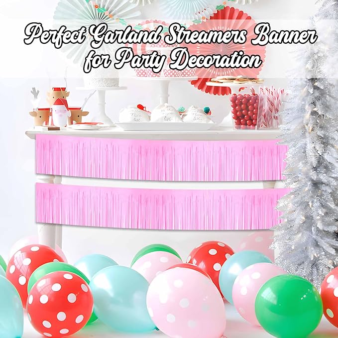 4 Pack 10 Ft Macaron Pink Foil Fringe Garland Metallic Streamers Tinsel Banner Wall Hanging Garland Backdrop for Parade Floats, Graduation, Theme Party, Carnival, Birthday, Wedding Party Decorations