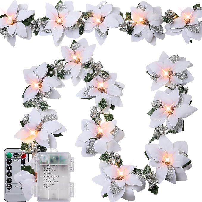 Zubebe 2 Pcs Prelit Poinsettia Christmas Garland with String Lights Glitter Holly Leaves Berries Remote Timer 8 Modes 6.5 ft Lighted Flower Garland Battery Operated Indoor Outdoor Decor(White)