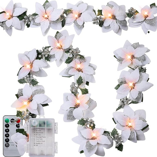 Zubebe 2 Pcs Prelit Poinsettia Christmas Garland with String Lights Glitter Holly Leaves Berries Remote Timer 8 Modes 6.5 ft Lighted Flower Garland Battery Operated Indoor Outdoor Decor(White)