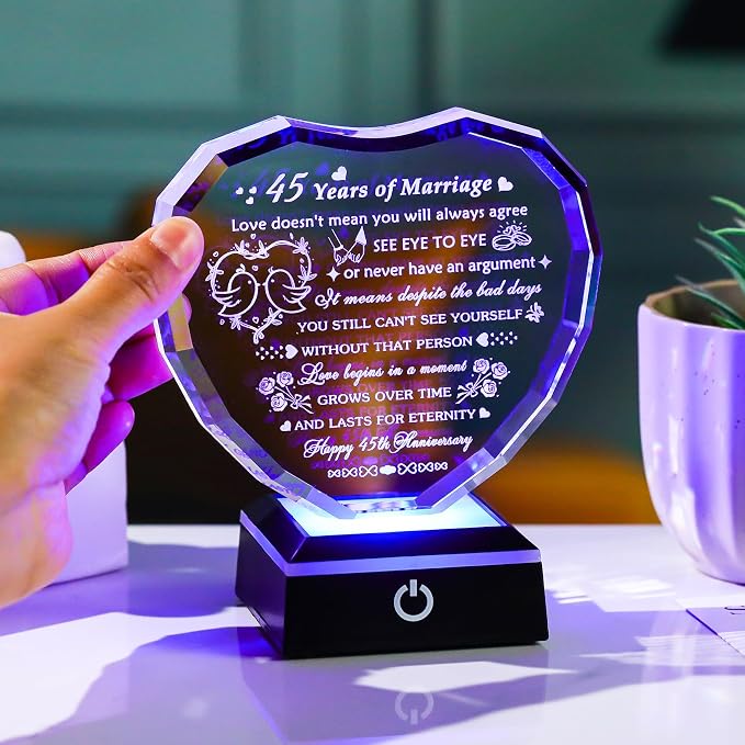 Arikyrist 45th Wedding Anniversary Crystal Heart Gifts for Couple, Laser Engraved 45 Year Anniversary Crystal Gifts for Wife Husband Parents, Romantic 45 Years of Marriage Gift for Him Her Friends