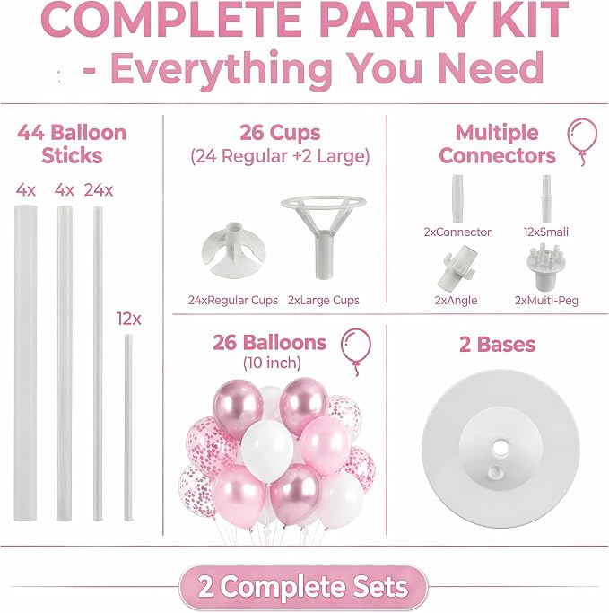 Balloon Column Stand Kit with 10inch Metallic Pink Confetti Balloons, Base&Pole,Balloon Column Kit for Floor&Table Decoration for Party Wedding Bridal Baby Shower Birthday