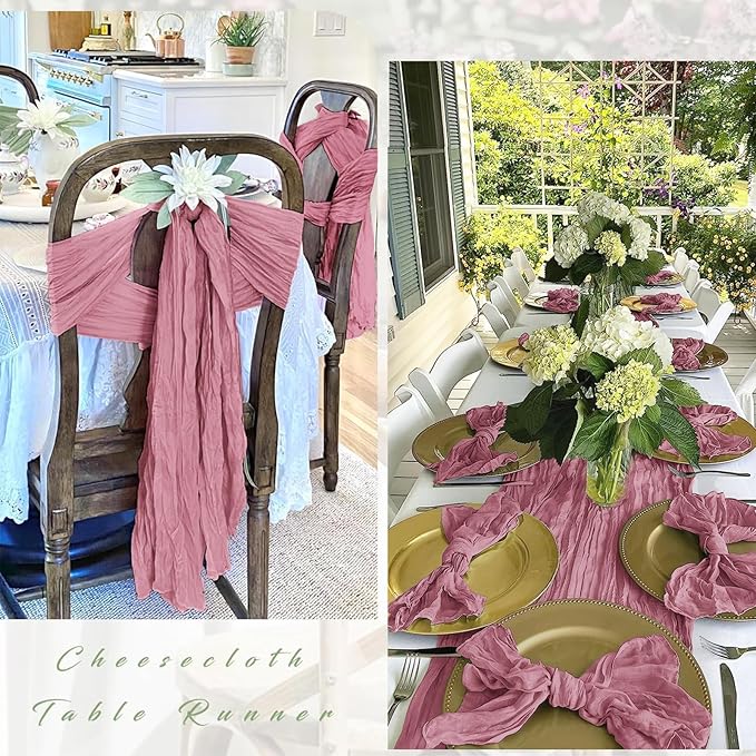 25 Pack Dusty Rose Cheesecloth Table Runner 17 x 108 Inch Gauze Table Runner Fabric Semi Sheer Cheese Cloth Table Decor Bulk for Rustic Romantic Wedding Baby Shower Table Decoration