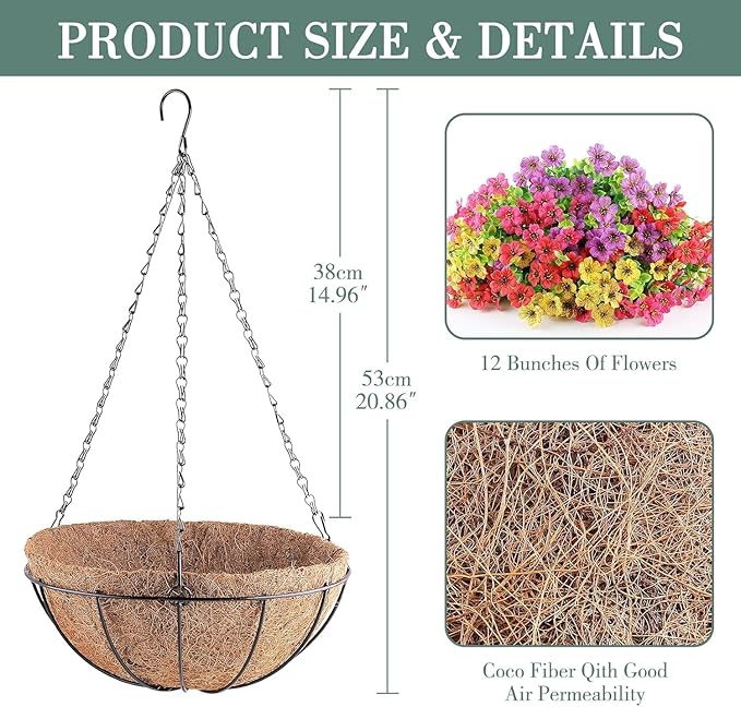 AGIRL 2 Set Artificial Hanging Flowers with Baskets for Outdoors,UV Resistant Fake Hanging Plants for Outdoor Porch Patio Garden, Realistic Silk Flowers for Spring Summer Home Decor