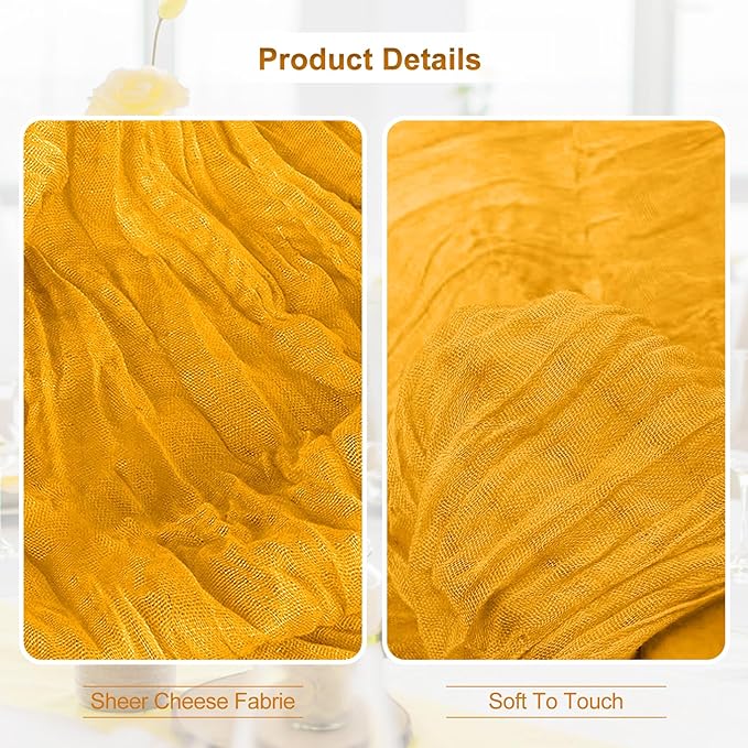 1 Pack Gold Cheesecloth Table Runner 35x120 Inch 10Ft Rustic Gauze Cheese Cloth Table Runner Sheer Cheesecloth Table Runners for Wedding Party Bridal Shower Decoration