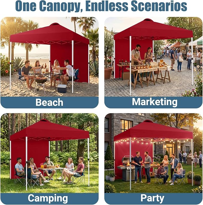 10x10 Pop Up Canopy Tent with One Sidewall, Instant Folding Outdoor Shelter with Air Vent, High Strength Steel Frame and Handheld Carry Bag for Backyard Party, Camping, Red