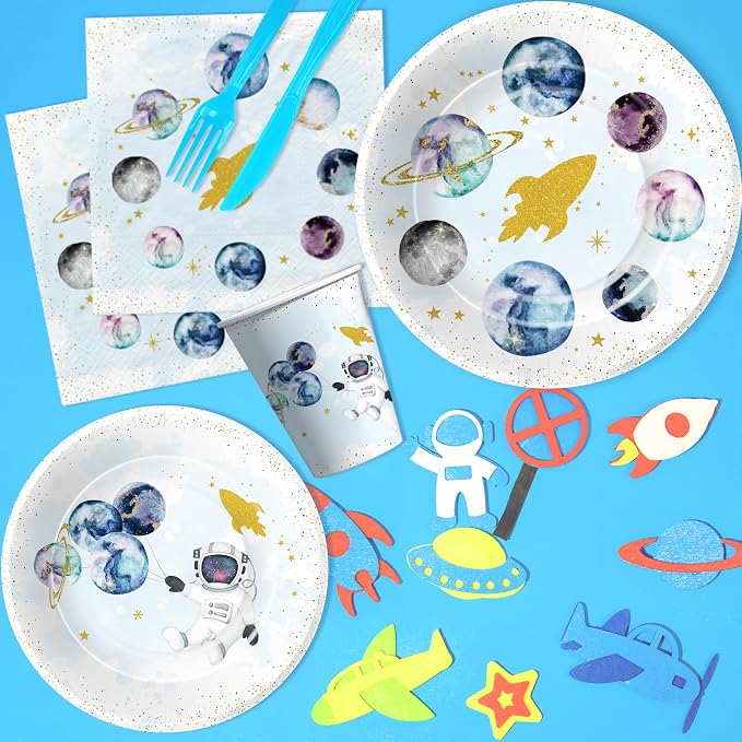 Space Theme Party Supplies For Boy - Galaxy Outer Space Planet Astronauts Party Decorations for Birthday Baby Shower, Paper Plate, Cup, Napkin, Tablecloth, Tableware | Serves 24