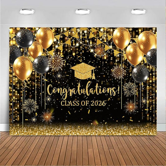Mocsicka 8x6ft Graduation Backdrop Class of 2026 Decorations Black and Gold Bokeh Glitter 2026 Graduation Photo Background School Class Congrats Grad Banner Decorations Supplies