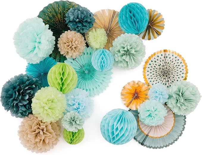 PapaKit 26pc Deluxe Large Sage Green & Gold Party Decoration Set - Premium Paper Fans, Honeycomb Balls & Pom Poms Backdrop - Party Wall Decor for Baby Shower, Wedding, Birthday, & Bridal Shower