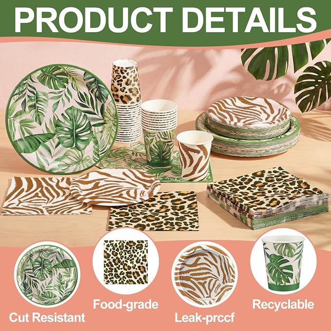Domensi 220 Pcs Jungle Safari Animal Party Supplies Serves 40 Guest Safari Theme Tableware Set Disposable Wild Animal Print Paper Plate Cup and Napkin for Jungle Baby Shower Birthday Party Decoration