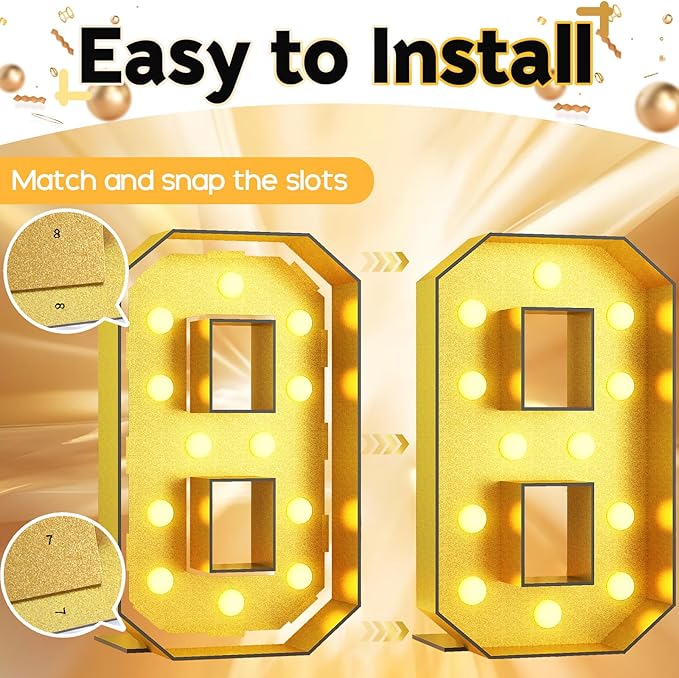 Light Up Number 8, Marquee Light Up Numbers Gold 4FT, Large Led Numbers Lights for 8th Birthday, 4 Feet Tall DIY Frame Pre-Cut Foam Board Kit for Night Light Party Anniversary Decorations