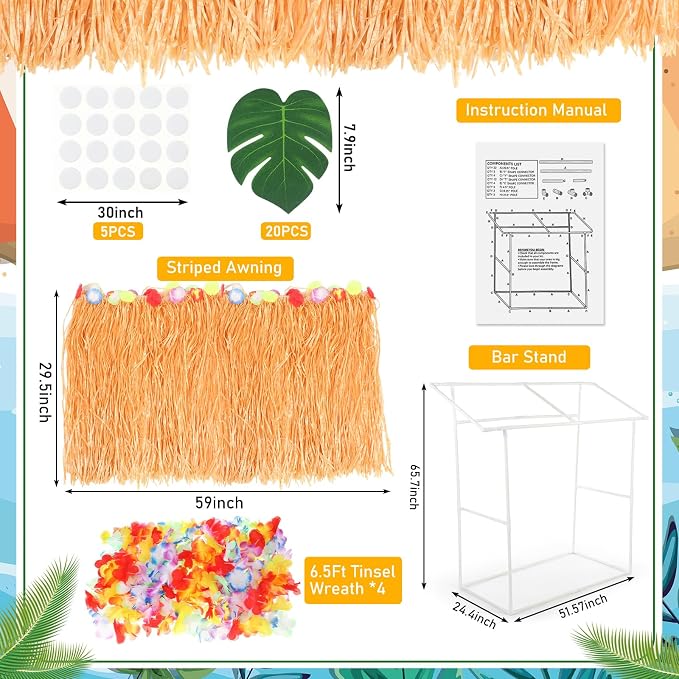 8 Pcs Tiki Bar Stand Supplies Tiki Hut Decorations Hawaii Luau Party Decorations with 1 Set White Plastic Stand 1 Thatch 2 Monstera Leaf Banners 4 Tinsel for Summer Party Supplies Outside Patio
