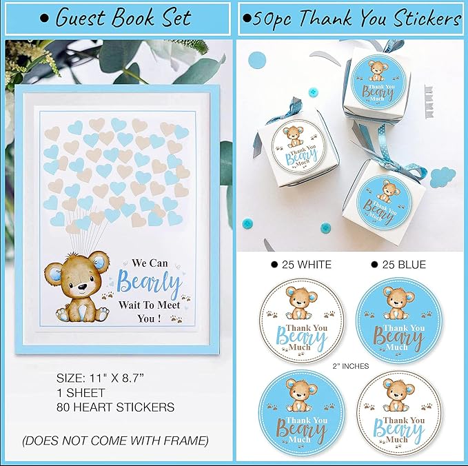 210 PC Teddy Bear Baby Shower Decorations for Boy Kit- It's a BOY Pre-Strung Banners, Garland, Streamers Guestbook Mommy Sash Blue Brown Balloons Cake Toppers Paper Fans Lantern Games & Favor Stickers