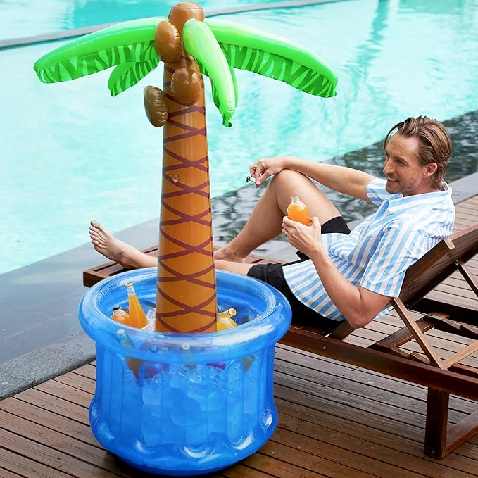 JOYIN 60" Inflatable Palm Tree Cooler, Beach Theme Decor, Pool Party Decorations, Luau Hawaiian Birthday Party Supplies, Summer Outdoor Drink Cooler (Blue)