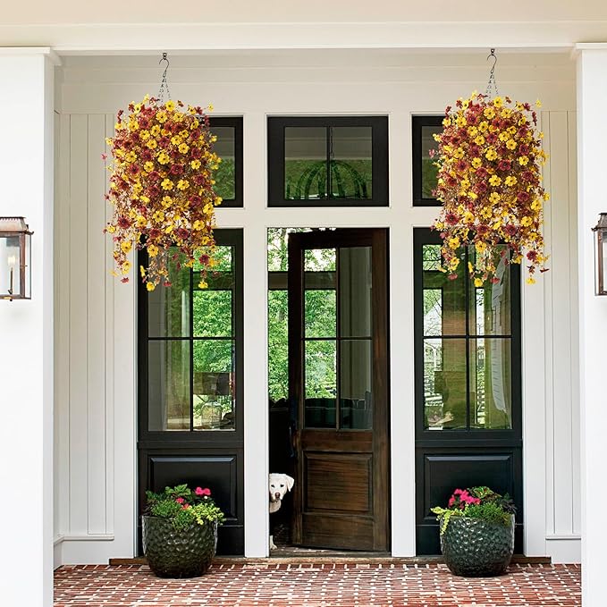 Homsunny Fall Artificial Faux Mums Hanging Flowers Plants Basket for Outdoor Decoration,Fake Silk Daisy planters UV Resistant Look Real for Home Porch Patio Balcony Yard Autumn Decor (Yellow Brown)