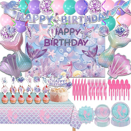 154 Pcs Mermaid Birthday Party Supplies - Mermaid Party Decorations Included Backdrop, Banner, Tablecloth, Hanging Swirls, Cupcake Toppers, Tableware, Paper Towel, Aluminium balloon, Latex Balloons