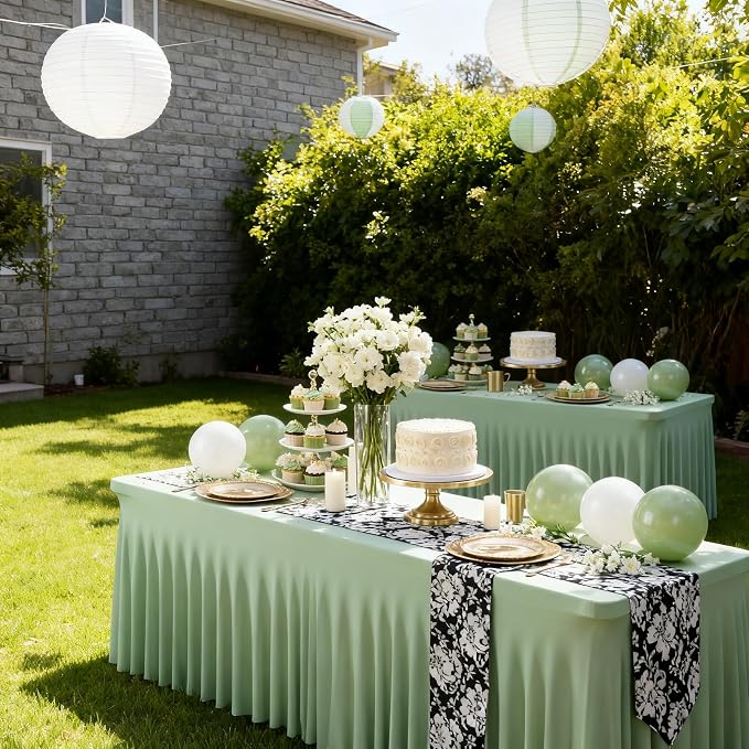 Wish Care 2 Pack Sage Green Spandex Table Clothes for 6 Foot Rectangle Tables, 6FT Wrinkle Free Fitted Tablecloths Ruffles Design Table Cloth for Party, Banquet, Wedding and Events