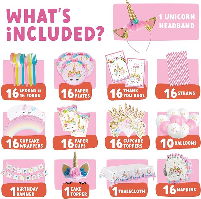 ecoZen Pink Unicorn Birthday Party Decorations - Magical Horse Themed Supplies for 16 Guests, Includes Plates, Cups, Napkins, Banner, Cutlery, Balloons, Tablecloth, Straws, Toppers
