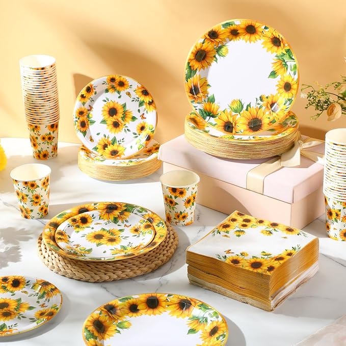 Ziliny 250 Pcs Sunflower Party Decorations Include Sunflower Paper Plates Napkins and Cups for Birthday Wedding Baby Shower Bridal Shower Tea Decorations, Serve 50 Guest
