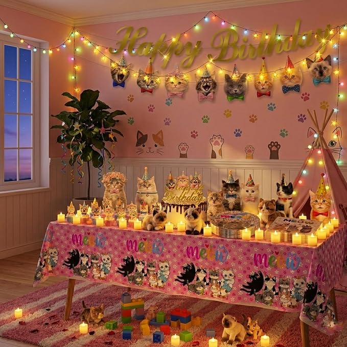 Cat Birthday Decorations, Cat Party Supplies with 9" & 7" Plates, Napkins, Tablecloth, Cake Topper, Pre-assembled Banner & Honeycomb Centerpieces for Cat Themed Birthday Party Decorations