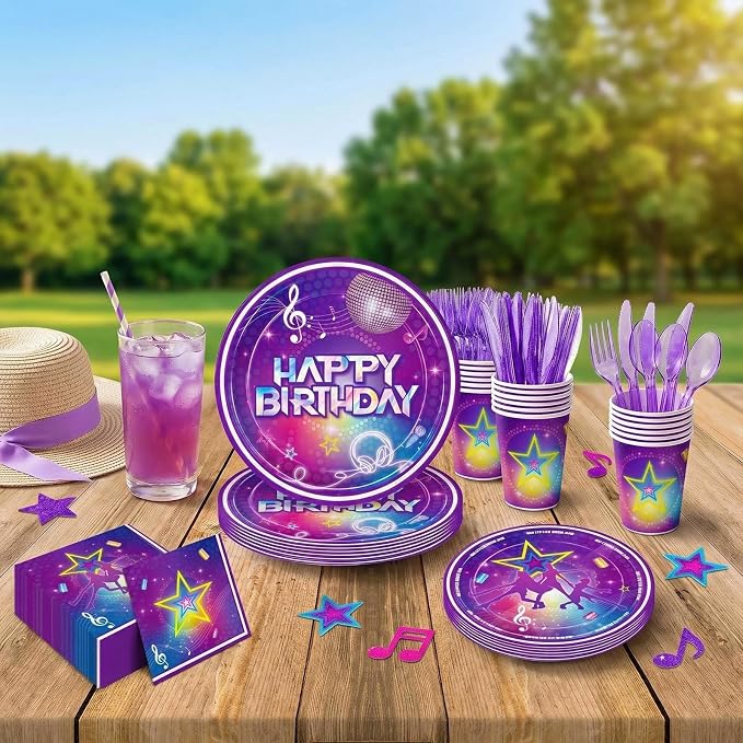 168pcs Kpop Birthday Party Plates Napkins Purple Magical Music Party Supplies Disposable Tableware Set Dance Birthday Decorations for Girls Serve 24 Guests