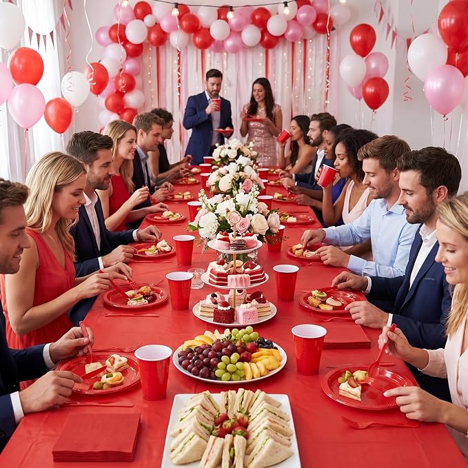 352 Pcs Red Plastic Plates Party Set, 50 Guests Disposable Dinnerware Set with Red Tablecloths, Bold Red Plastic Plates Party Set for Wedding/Valentine's Day/Christmas/Holiday Party