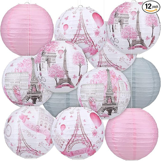 Panelee 12 Pcs Paris Party Decorations Eiffel Tower Pink Paper Lanterns 8 Inch Hanging Round Hanging Paper Party Decorations for European City Landscape Theme Ceiling Holiday Decor Supplies